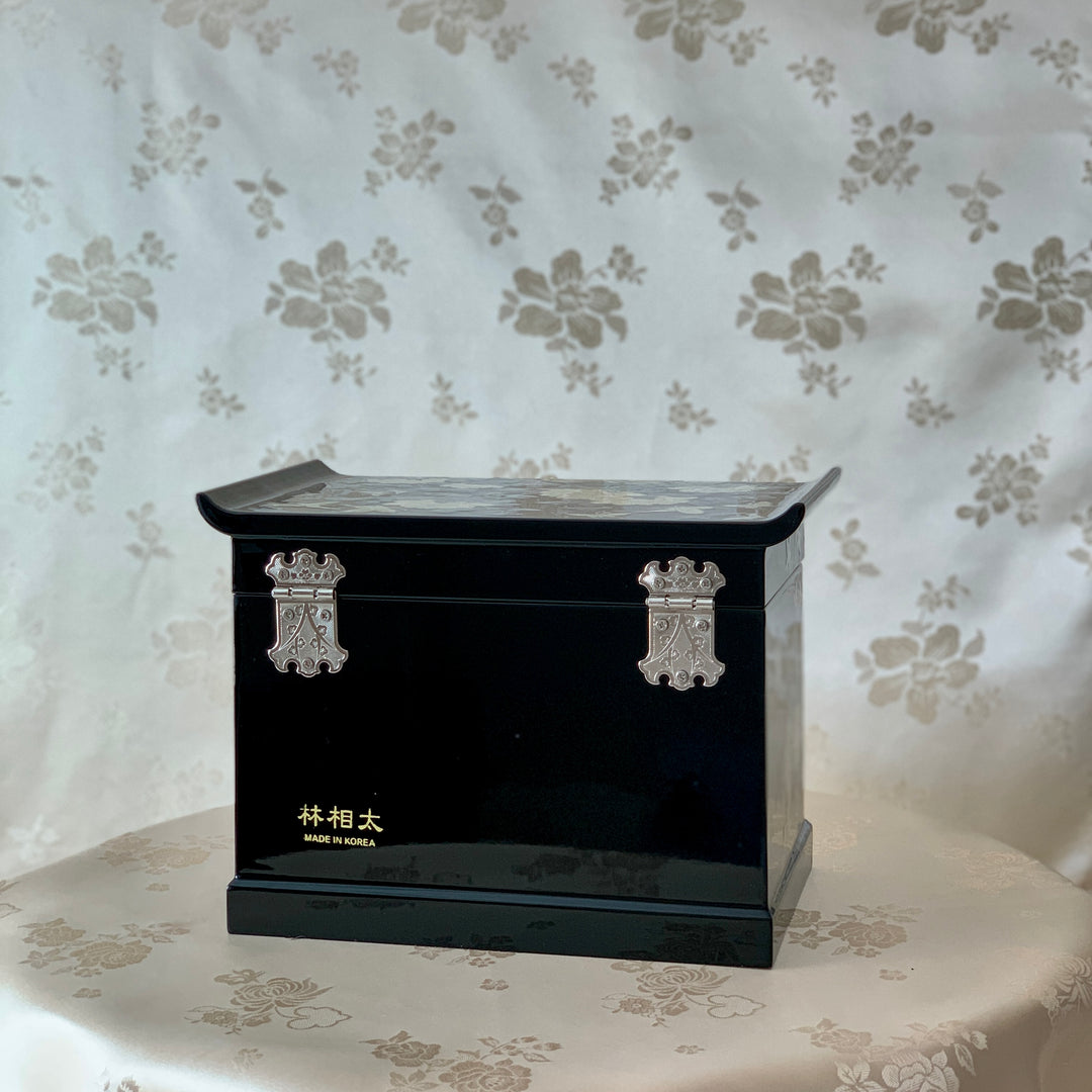 Royal and Rare Black Korean Traditional Mother of Pearl Handmade Jewelry Box with Butterflies and Flowers