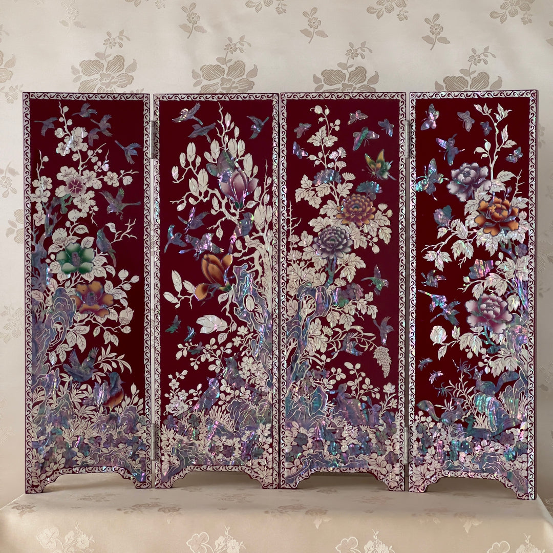 Mother of Pearl Wine Color Wooden Folding Screen on Table with Birds and Flowers Pattern (자개 화조문 4폭 병풍)