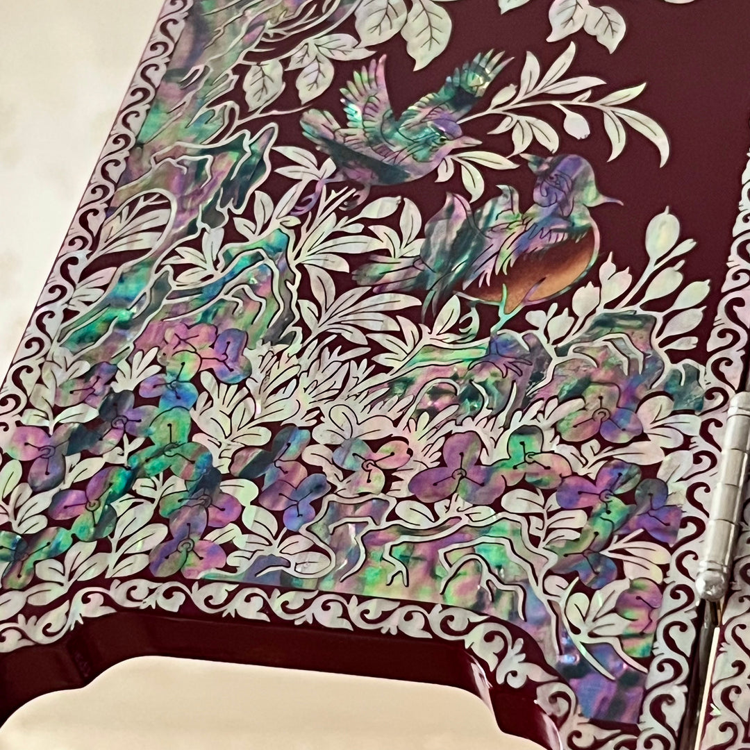 Mother of Pearl Wine Color Wooden Folding Screen on Table with Birds and Flowers Pattern (자개 화조문 4폭 병풍)