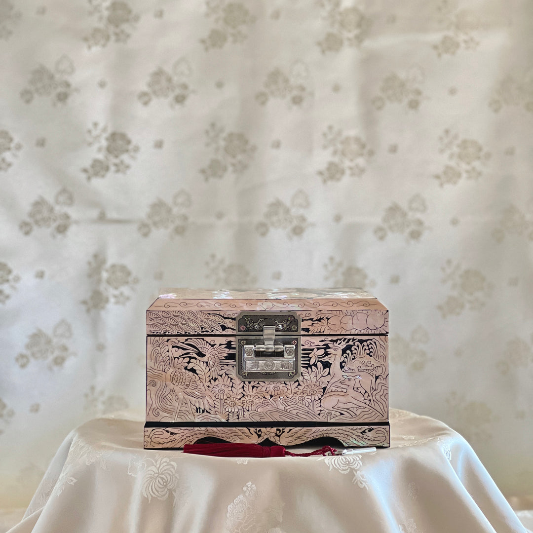 長生島模様のマザーオブパール手作りピンクベージュジュエリーボックス