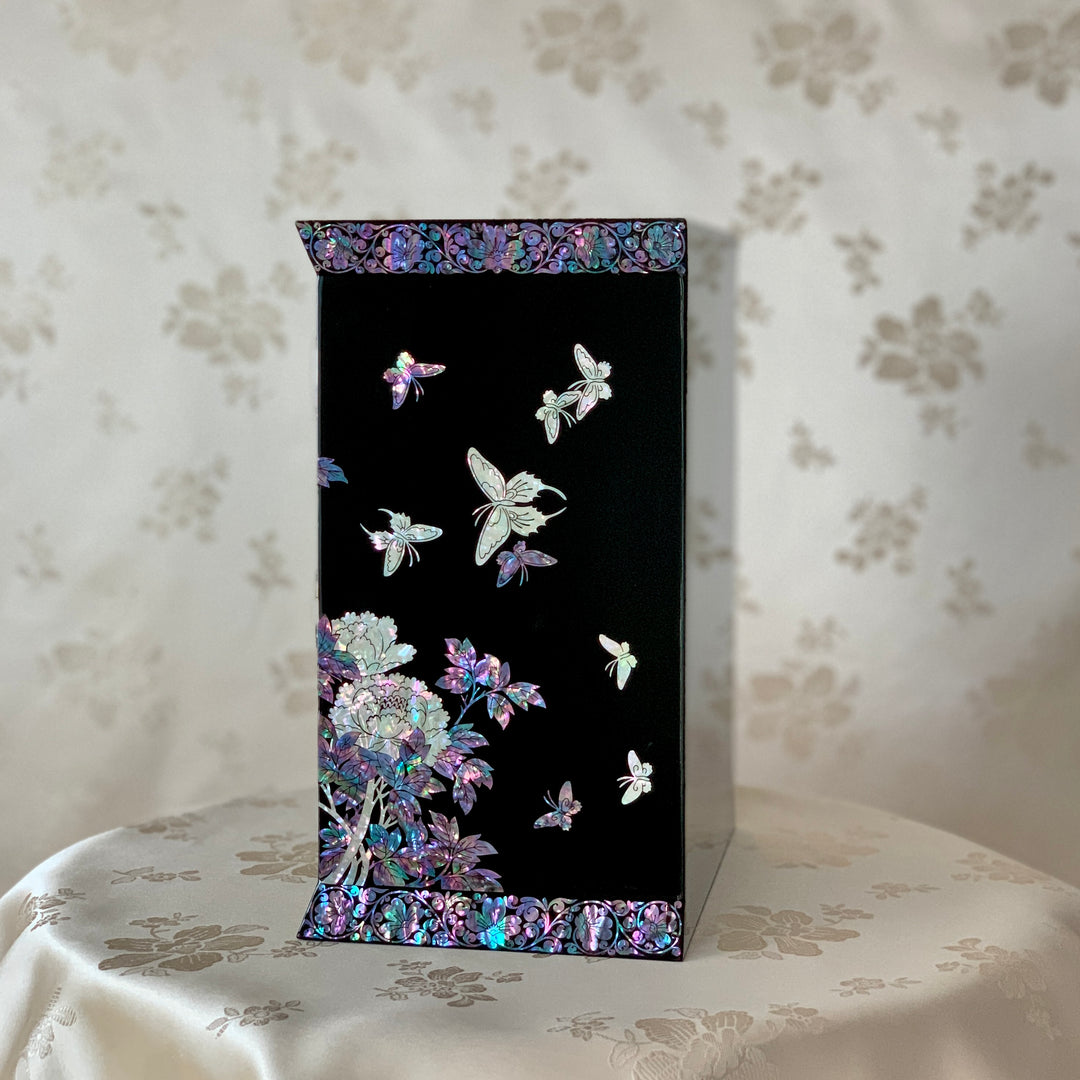 牡丹、蝶、鳥の模様の螺鈿両開き木製宝石箱 (자개 호접 화조문 양문 보석함)