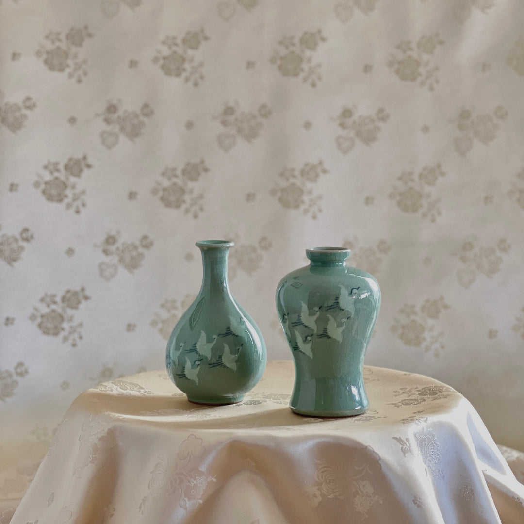 Celadon Mini-Vasen-Set mit fliegenden Kranichen