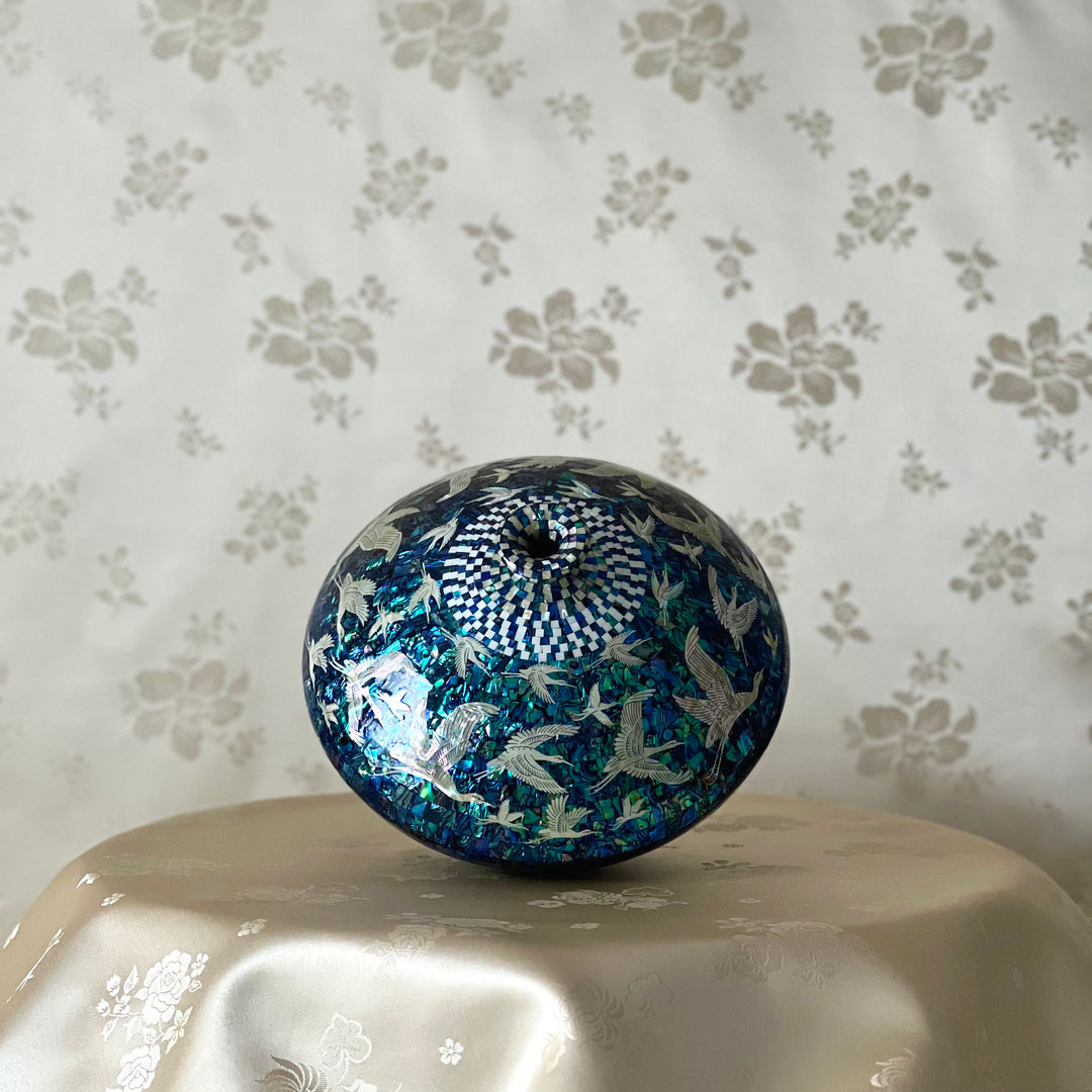 LIMITED One of a Kind Handmade Korean Traditional Ceramic Collectible Vase Made of Mother of Pearl Cranes Pattern