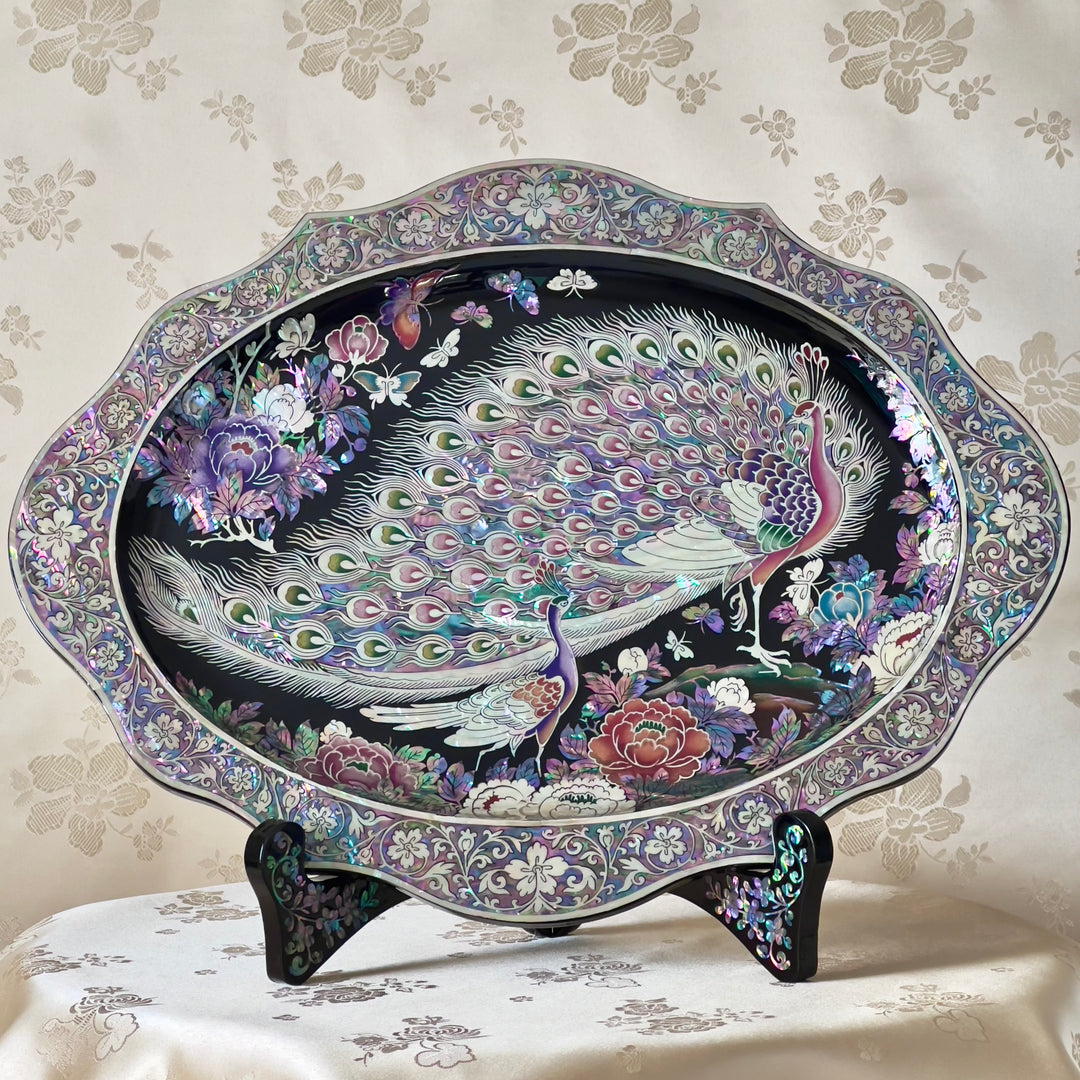 Mother of Pearl Set of Peacock Plate and Crane Jewelry Box Including Gift of Celadon Mini Vases