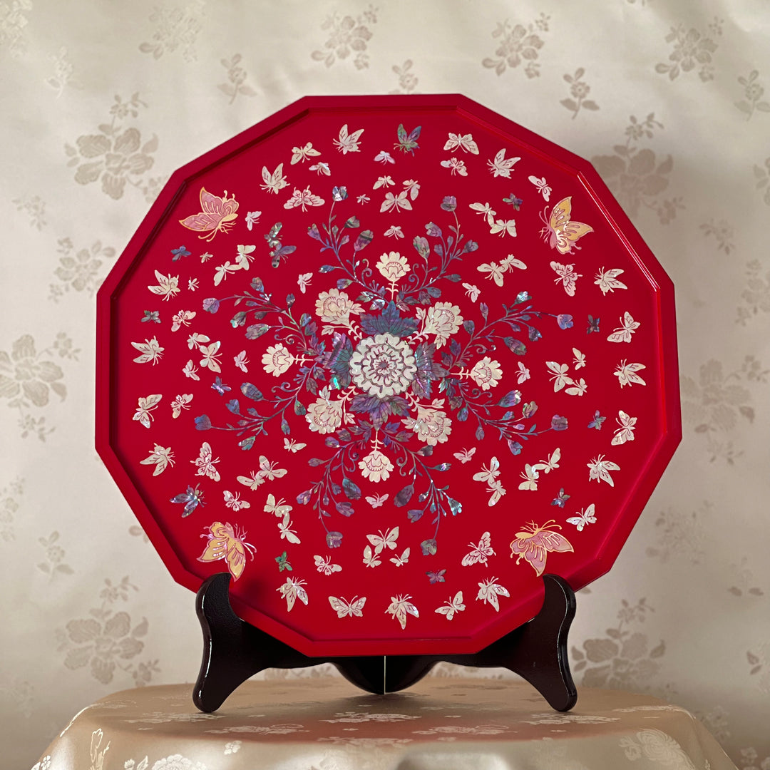 Mother of Pearl Handmade Red Tray with Peony and Butterfly Pattern (자개 호접 목단문 쟁반)